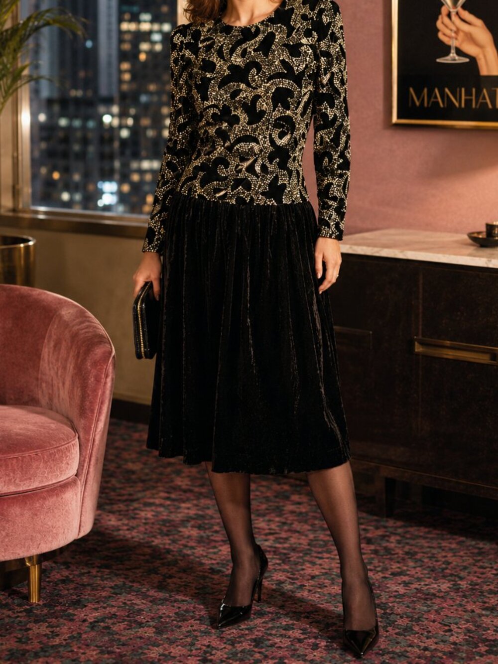 Ricki Lang Nuit Glitter Evening Dress Vintage 1980s Velvet Skirt Neiman Marcus